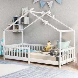 Flieks Kinderbett Schönes Hausbett mit Rausfallschutz für Kinder- und Jugendzimmer, 90x200cm