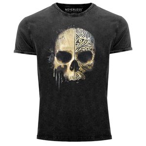 Herren Vintage Shirt Bedruckt Totenkopf Totenschädel Skull Tattoo Tribal Printshirt T-Shirt Aufdruck Used Look Neverless® schwarz L