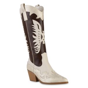 VAN HILL Damen Cowboystiefel Trichterabsatz Trendy Schuhe 841120, Farbe: Gold Beige, Größe: 38