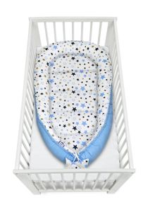 JUKKI® BabyNest XXL 120x65cm do 18 měsíců  2stranné [Milky Way Blue] Hnízdo Dětská postýlka Cestovní postýlka Kokon Dětské hnízdo Cuddle Nest Nest
