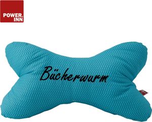 POWER INN Leseknochen | Bestickt | Türkis "Bücherwurm" | Nackenkissen | Reisekissen
