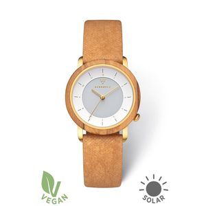Kerbholz Damen Solar Armbanduhr aus Massivholz mit Papiermaterial Band - MERLE Olivewood Biscuit Solar Vegan