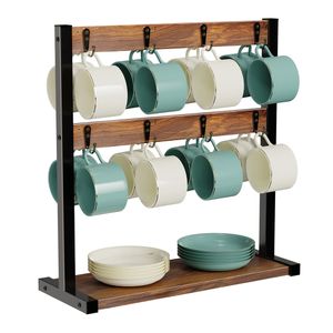 WISFOR Tassenhalter mit 16 Haken Kaffeehalter Tassenregal Display Rustikale Küche Aufbewahrung Rack für Bauernhaus Nachbildung