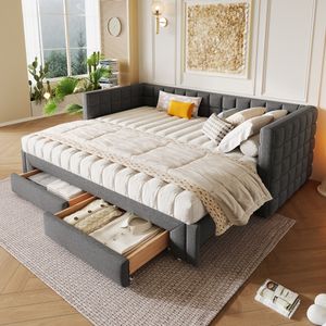 MODFU Daybett, Ausziehbett  90x200cm Schlafsofa Jugendbett Kinderbett Tagesbett,t mit quadratischer Rückenlehne,(ausziehbar auf 180 Queensize), 2 Schubladen, Ohne Matratze, Grau
