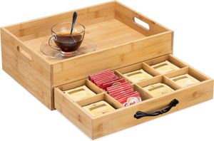 Navaris Teebox Bambus Tee Tablett - Aufbewahrung 12 Fächer Box für Teebeutel - Ablage mit Griff und Schublade - Teekiste Aufbewahrungskasten Organizer