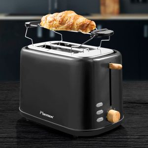 Bestron Toaster für 2 Toastscheiben, inkl. Brötchenaufsatz, 7 Bräunungsstufen & Krümelschublade, 800 Watt, Black & Wood-Design, Farbe: Schwarz / Holz