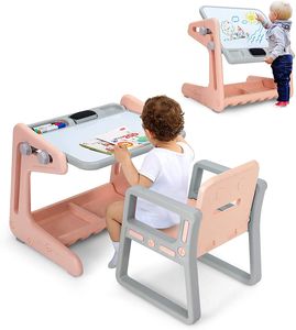 GOPLUS Kindertisch, 2 in 1 Kinderschreibtisch mit Stuhl, Höhen- & Neigungsverstellbarer Zeichentisch mit Stauraum, Kindersitzgruppe inkl. 3 Buntstifte und Radiergummi