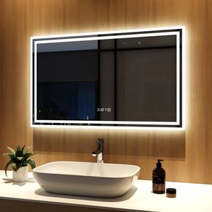 Meykoers LED Badspiegel 100x60cm Beleuchtung Badezimmerspiegel Wandspiegel mit Touch-Schalter, Uhr