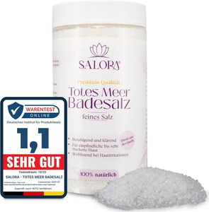 Salora - Premium Totes Meer Badesalz 1150gr [Frei von Zusatzstoffen] - Meersalz Badesalz aus Jordanien - Vollbad oder Fußbad mit Peelingeffekt - Fein