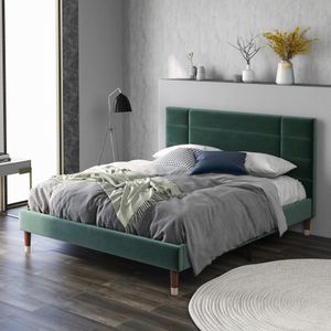 Merax Polsterbetten 140x200cm Doppelbett aus Samt, Ehebett Bettgestell mit Lattenrost, gepolstertes Kopfteil, Dunkelgrün