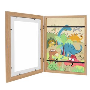 Rám na obrázky pre detské kresby, 26x35cm otvárací rám na výtvarné projekty A4, výklopný umelecký fotorámik pre deti, farba dreva