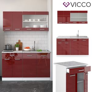 VICCO Küchenzeile SINGLE Einbauküche 140 cm Küche Rot Bordeaux Hochglanz R-LINE