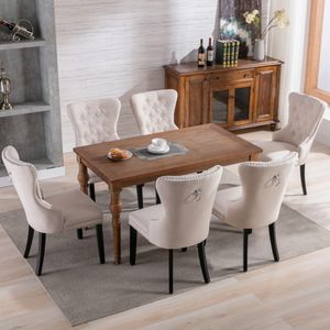 Flieks Esszimmerstühle 6er Set, Küchenstühle Polsterstühle mit Eichenbeinen und Nagelkopfbesatz, Wohnzimmerstühle 6 Stück,  Leinen, Beige