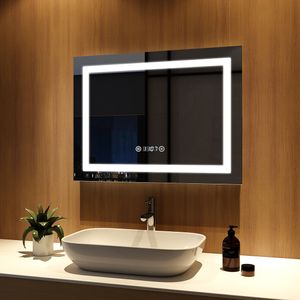 Meykoers Wandspiegel Badezimmerspiegel LED Badspiegel mit Beleuchtung 80x60cm mit Uhr, Touch-Schalter und Beschlagfrei, Lichtspiegel Kaltweiß 6400K Energieklasse A++