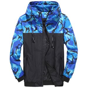 Herren Camouflage Workwear Kapuzenjacke Mit Farbblock-Reißverschluss,Farbe: Blau,Größe:XXL