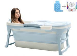 HelloBath® skladacia vaňa - modrá - 128 cm - mobilná vaňa - skladacia vaňa - kúpeľňa - BEZ masážneho valčeka na nohy - vrátane vankúša a lampy do vane