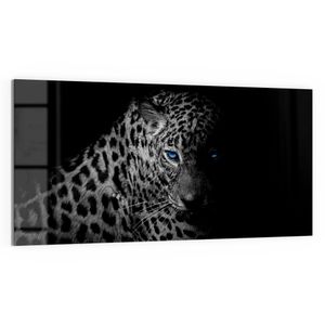 DEQORI Glasbild Echtglas 100x50 cm 'Leopard mit blauen Augen' Wandbild Bild modern Deko