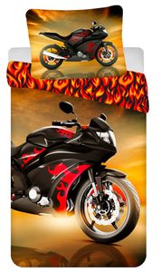 Kinder Bettwäsche Wendemotiv Motorrad rote Flammen schwarzes Bike Bettdecke 140 x 200 + Kopfkissen 70 x 90 cm 100% Baumwolle mit Reißverschluss