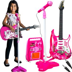 Kruzzel 22407 Dětská rocková elektrická kytara na baterie + zesilovač a mikrofon růžová