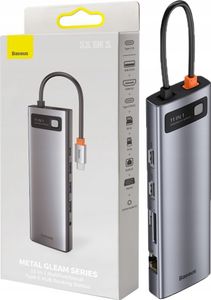 Baseus Metal Gleam 11v1 multifunkčný USB Type C HUB - 3x USB 3.2 Gen 1 5Gbps / USB Type C PD 100W / 3,5 mm mini jack AUX / VGA Full HD 60Hz / 2x HDMI 4K 30Hz / TF a SD čítačka kariet / RJ45 1Gbps sivá