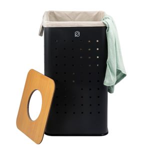 eluno eckige Wäschetonne, Wäschekorb, Wäschesammler mit waschbarem Wäschesack und abnehmbaren Deckel, 50 Liter Fassungsvermögen für Schlafzimmer, Badezimmer, Wäscheaufbewahrung aus Metall, schwarz