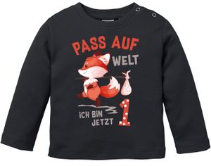 Baby Langarm-Shirt 1. Geburtstag Pass auf Welt ich bin jetzt 1 2 Fuchs Geburtstagsshirt Baumwolle MoonWorks® 1 schwarz 80/86 (10-15 Monate)