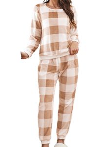 Damen Hausanzüge elastische Taille Nachtwäsche Hauskleidung PJS Nightwear lässige Plaid Loungewear,Farbe:Orange,Größe:L