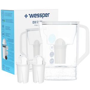 D3 Slim Aquaclassic 2.7L weiß Kühlschrank Filterkanne + 3x Wessper Aquaclassic Filterpatrone | Filtertopf für Kühlschränke