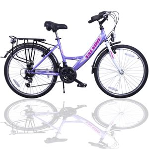 Talson Mädchen-Fahrrad 26 Zoll, 21-GG-Shimano-Schaltung mit Beleuchtung und Gepäckträger, Farbe Lila/Weiß