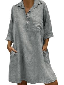 Damen Boho Midikleid Mit 3/4 Ärmeln Lockeres Lässiges Hemdkleid,Farbe:Grau,Größe:L