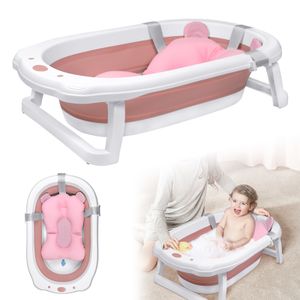 LZQ Baby Badewanne Faltbare Babywanne PP & TPE Plastik Badewanne für Babys mit Badekissen, Abflusslöchern & rutschfestem Fußpolster, Rosa