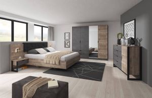 GRAINGOLD Schlafzimmer komplett Möbel Denis - Kommode, Kleiderschrank mit Spiegel - Bett und Nachttisch - Dunkelgrau / Braun