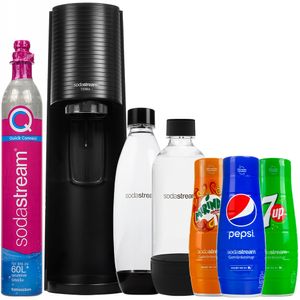 SodaStream Terra Black Wassersprudler zwei schwarze 1L Flaschen + 3 Sirupe (Pepsi + Mirinda + 7UP)
