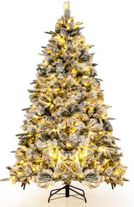 COSTWAY 180 cm Künstlicher Weihnachtsbaum mit Schnee und Beleuchtung, Tannenbaum mit 250 Warmweißen LED-Lichtern, 752 gemischten Zweigspitzen, Christbaum, Kunstbaum Weihnachten für Zuhause, Grün