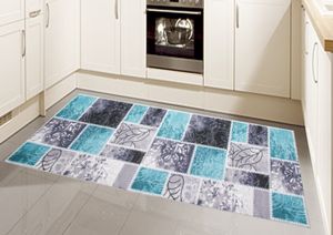 Teppich Modern Flachgewebe Gel Läufer Küchenteppich Küchenläufer Karo Muster Türkis Grau Creme Größe - 80 x 300 cm
