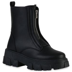 VAN HILL Damen Plateau Boots Stiefeletten Blockabsatz Profil-Sohle Schuhe 838379, Farbe: Schwarz, Größe: 39