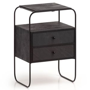 WOHNLING Nachttisch Mango Massivholz / Steinoptik 40x60x30 cm Nachtschrank Boxspringbett, Industrial Nachtkonsole Schwarz mit 2 Schubladen & Ablagefläche, Nachtkommode Stauraum & Metallgestell