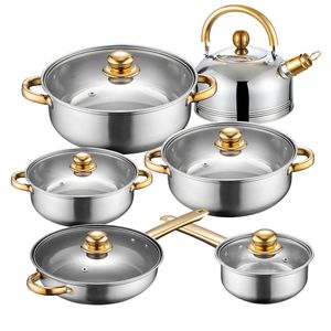 Topfset, Pfannenset 12-teilig mit Flötenkessel | Kochtopfset | Kochtöpfe | Töpfe mit Glasdeckel | Silber, Edelstahl | Retoo