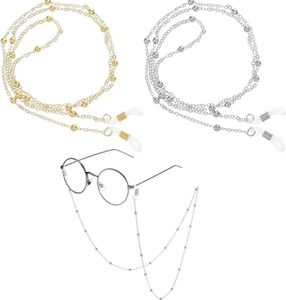 2 Stück Brillenkette Damen Maskenkette Brillenhalter mit Perlen Besetzte und verstellbarem Band 60 cm Gold und Silber für Sonnenbrillen und Lesebrillen