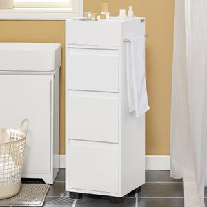 SoBuy BZR29-W Kúpeľňová skrinka Kúpeľňová polička Kúpeľňová komoda s 3 zásuvkami a 4 priehradkami Kúpeľňová komoda Midi skrinka s držiakom na uteráky Biela