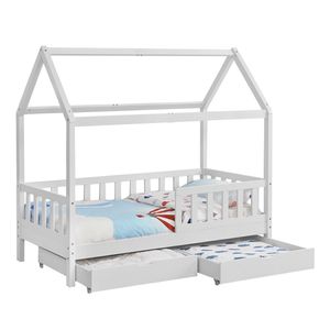 Juskys Kinderbett Marli 90 x 200 cm - Bettkasten, Gitter, Lattenrost & Dach - Holz Weiß