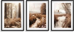 Wandposter Boho fürs Wohnzimmer, Wald Gras See Braun 3x 30x40