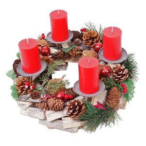 Adventskranz HWC-H49, Weihnachtsdeko Adventsgesteck Weihnachtsgesteck, Holz rund Ø 33cm  inkl. 4x Kerzen rot