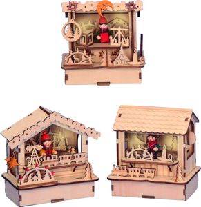 3 Stück LED Weihnachtsmarkthütte Holz beleuchtet