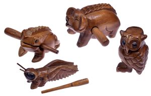 4 Klangtiere im Set (Frosch, Schwein, Zikade, Eule) Musik-Percussion-Instrumente