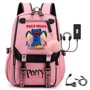 Niedlich Huggy Wuggy Schultasche USB-Lade Rucksack Student Outdoor Reisetasche Laptop Tasche Rosa06