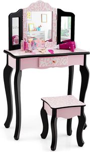 COSTWAY Dětský toaletní stolek se stoličkou, toaletní stolek 2 v 1 s trojitým skládacím zrcadlem a odnímatelnou horní deskou a zásuvkou, toaletní stolek ve stylu princezen (leopardí)