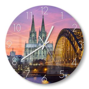 DEQORI Glasuhr Ø30 cm Zahlen 'Kölner Wahrzeichen abends' Wanduhr Glas Uhr Design leise