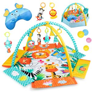 MoMi MULTI Baby Matte - 4 Spielzeuge mit 30 sensorischen Bällen, 2 Spielzeugstangen, Große und Dicke Matte