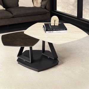 riess-ambiente Couchtisch MOVEMENT rost fünfeckig – drehbar, Travertin, Keramik, schwarz Metall